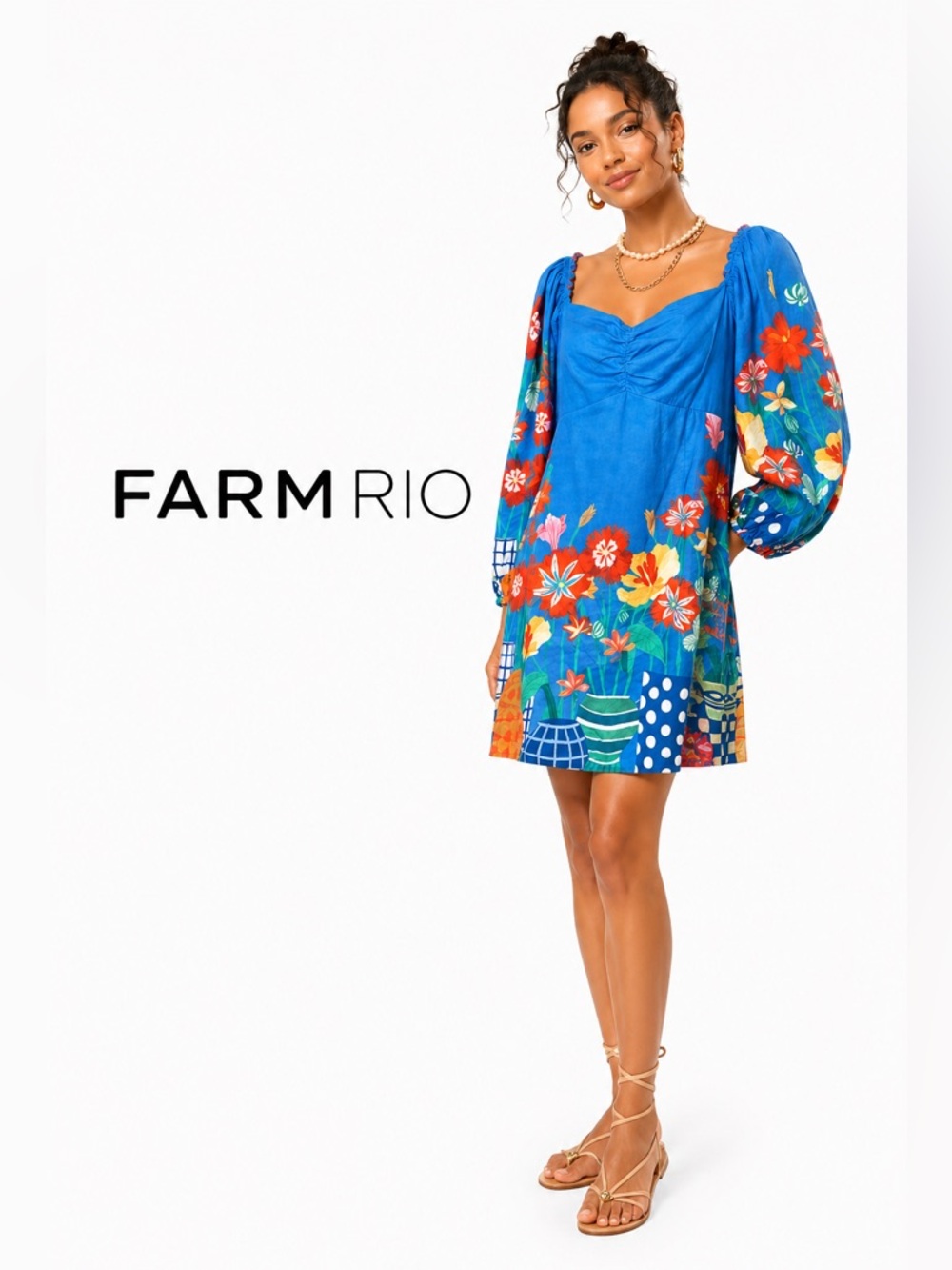 Farm Rio Blue Floral Mini Dress Puff Sleeve Tropical Boho Resort Cottagecore‎